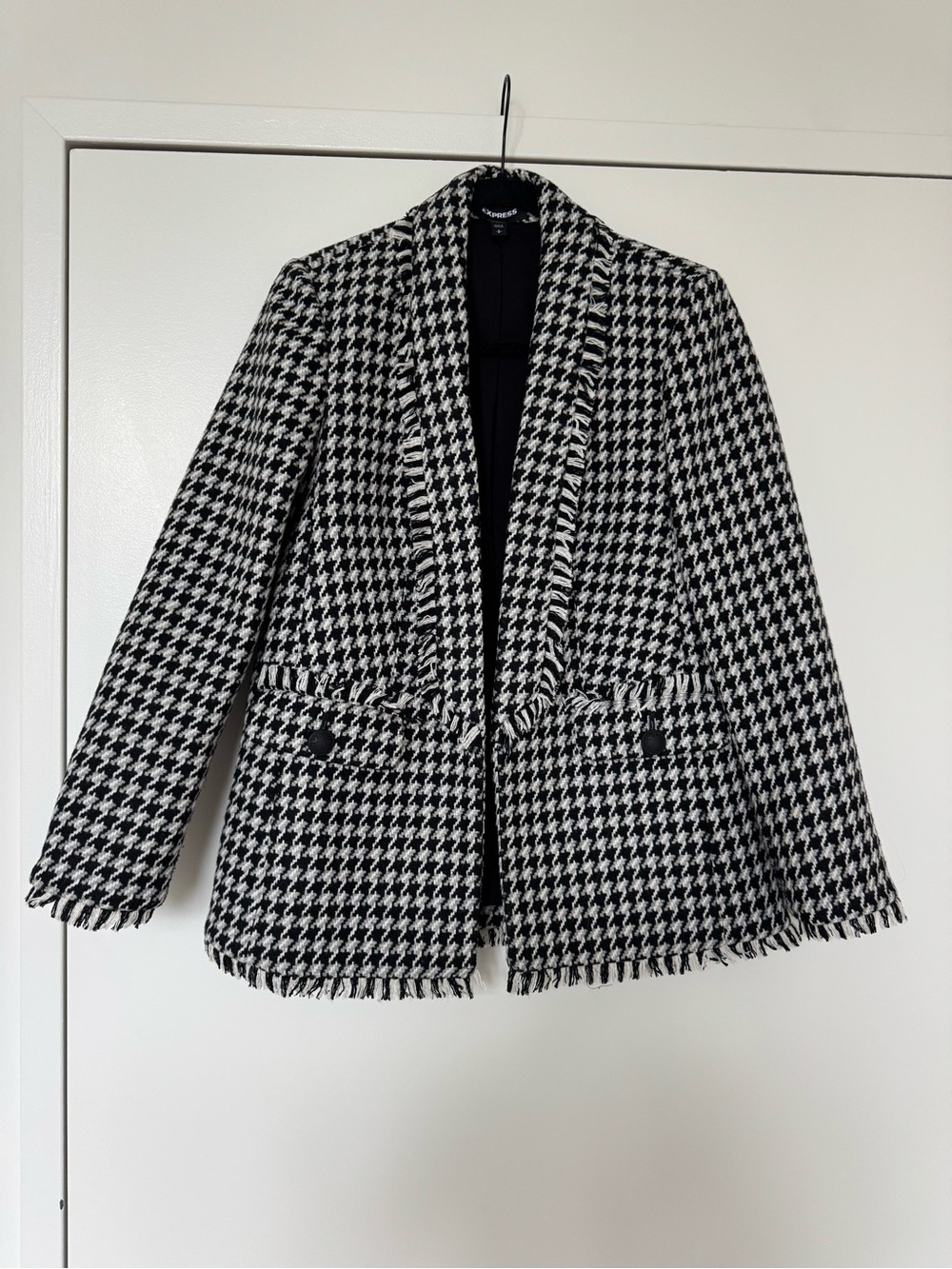 Express Black & White Houndstooth Fringe-Trim Blazer